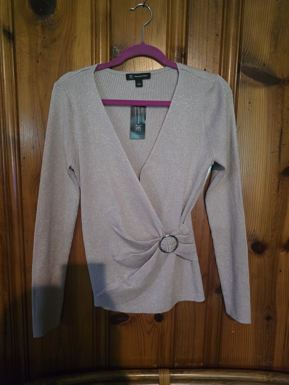 NWT INC International Concepts Metallic Wrap Top in Blush
